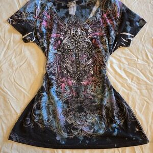 Y2k Affliction style Women's Black and Pink Graphic Top